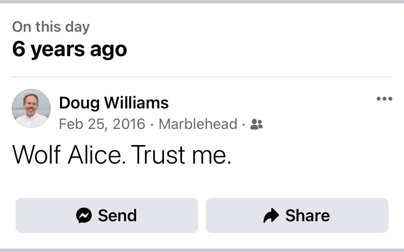 DougWilliamsMHD's tweet photo. I think I nailed this prediction. The Boston show in Nov was amazing; looking forward to the dramatic intimacy of seeing @wolfalicemusic, @elliecrowsell, @joeldilla, @SteadyTheo, @Joffoddie1 and Ryan (!) at the Space Ballroom in late March! https://t.co/6VdfioeaO7