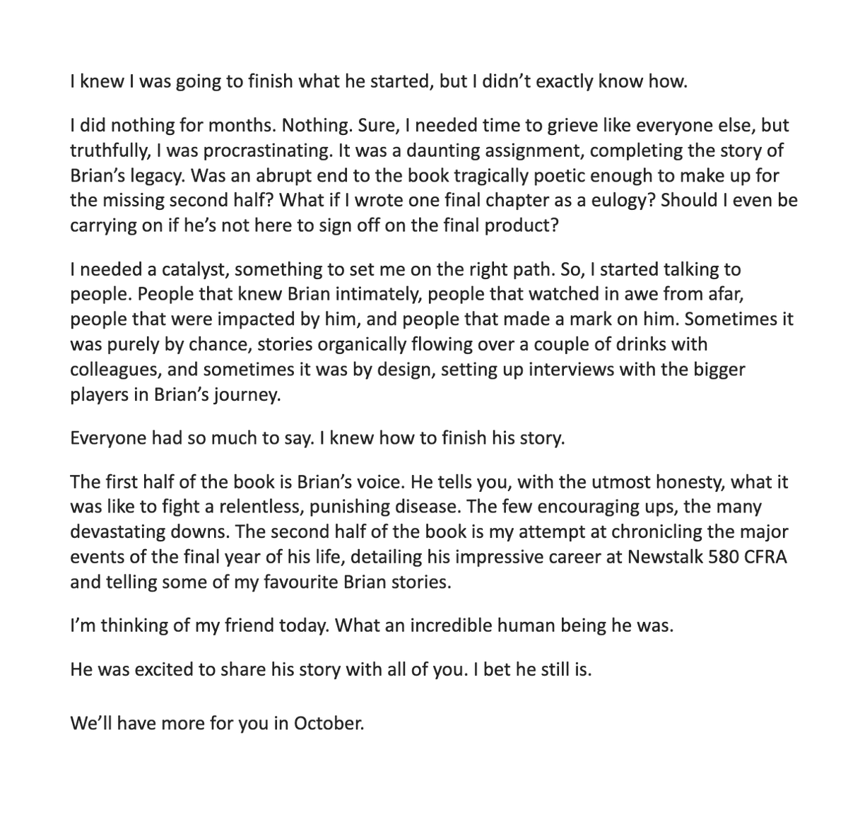 Some happy news on an emotional day for many of us: The book Brian (<a href="/brianpfraser/">Brian Fraser</a>) was writing about his battle with cancer is now complete and the publishing process is well underway. It will be available in early October. Some context attached…