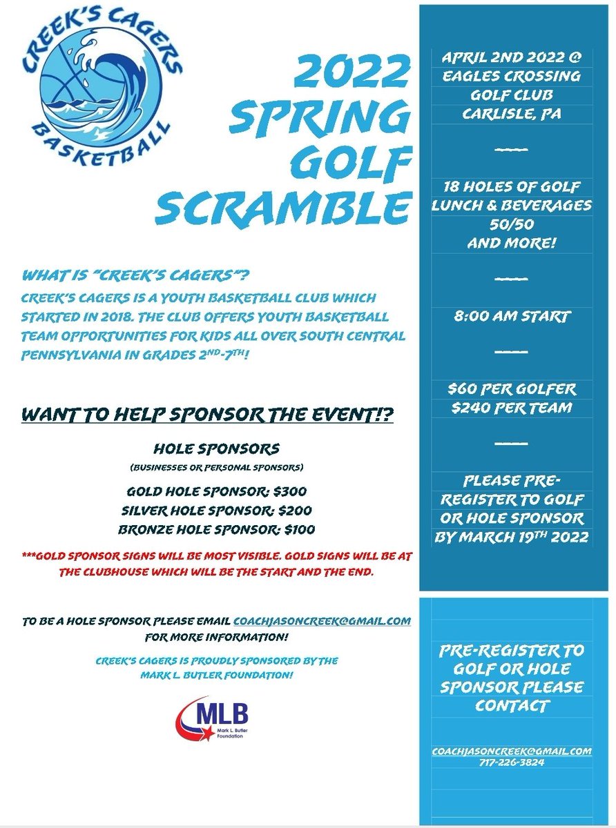 2022 Creek's Cagers Golf Scramble! Saturday, April 2nd @ Eagles Crossing Golf Club.