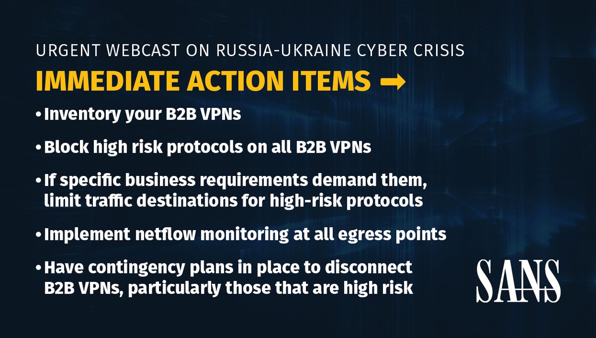 SANSInstitute's tweet photo. ⚠️ Here are some top action items @MalwareJake recommends you  take right now! 

More: https://t.co/hG1q1jF83w 
#Ukraine #UkraineCrisis #CyberAttack #CyberSecurity https://t.co/zNN1ZovdZJ