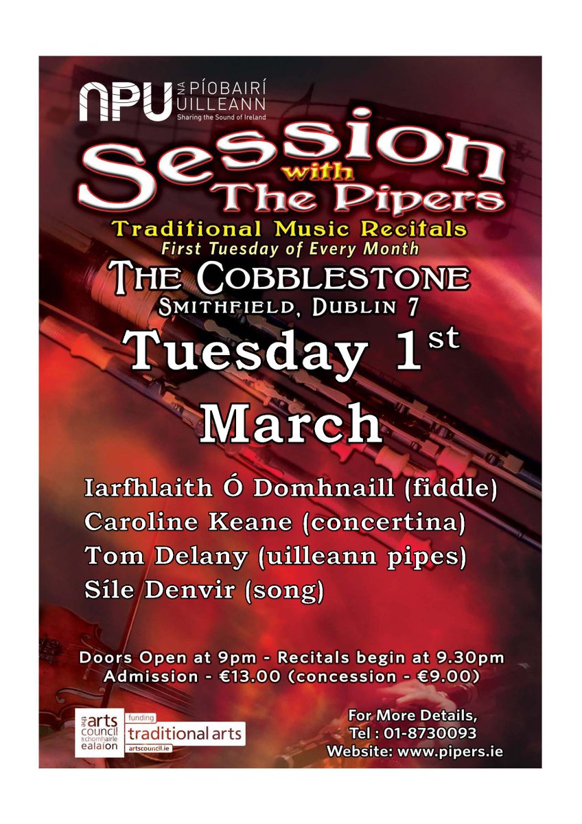 The next #SessionwiththePipers will take place in the @CobblestonePub  on Tuesday 1st March. Doors open at 9pm and the recital begins at 9:30pm. ⠀
Tickets are available on Eventbrite here: eventbrite.ie/e/264079868997  ⠀
⠀ ⠀
 @artscouncil_ie