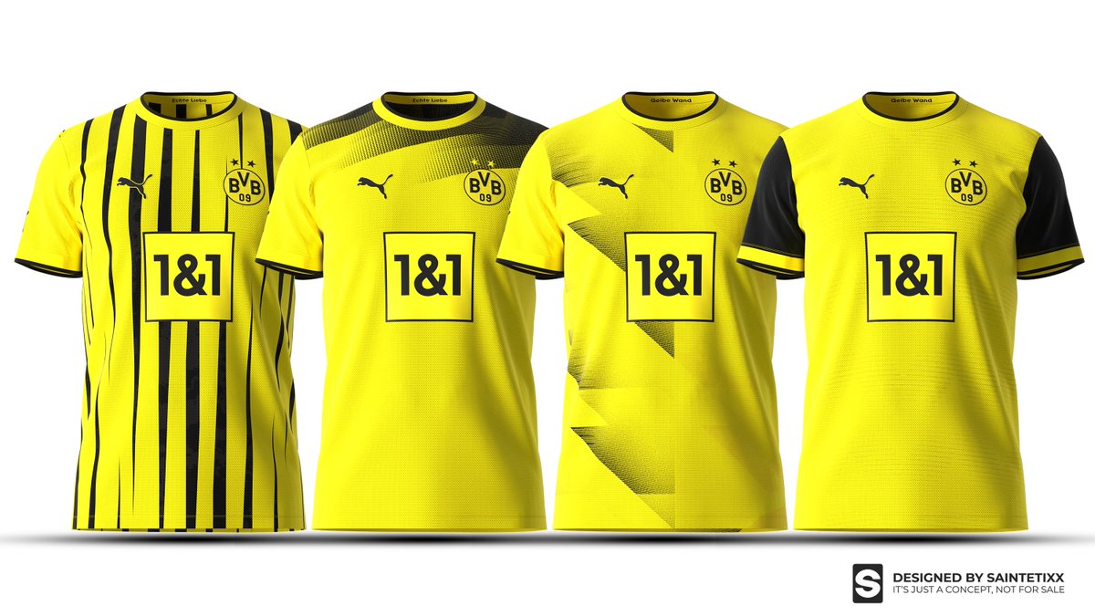 Saintetixx's tweet photo. ▫️ Dortmund x Puma ¬ All my jersey proposals
Today were unveiled the concepts retained by the BVB for the rest of the competition, I created several jerseys, here they are.
#Designthekit #Designdattding #BVB09 https://t.co/HffzAyTSLp
