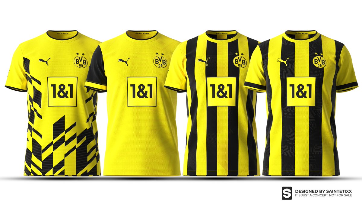 Saintetixx's tweet photo. ▫️ Dortmund x Puma ¬ All my jersey proposals
Today were unveiled the concepts retained by the BVB for the rest of the competition, I created several jerseys, here they are.
#Designthekit #Designdattding #BVB09 https://t.co/HffzAyTSLp