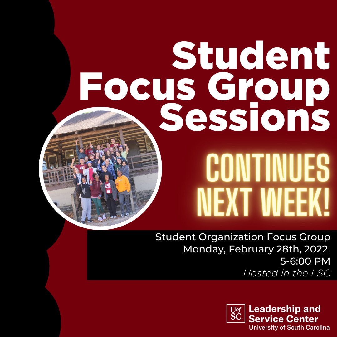 ATTENTION!!! Monday is our second Student Focus Group Session for Student Organization Programs! ALL students are welcome to attend and share what they want for their student org experience! 

#uofsc #gogamecocks🐔