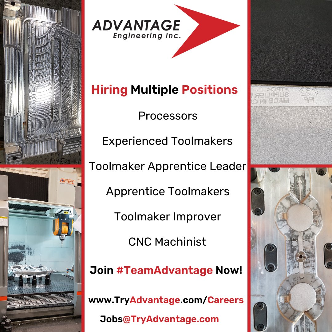 Ready to kick-off 2022 part of an awesome team? 

Check out the multiple open positions with #TeamAdvantage!

#CNC Machinist
#Toolmakers
#Toolmaker Apprentice Leader
#Apprentice Toolmakers
#ToolmakerImprover
#Processors

hubs.la/Q014vb0R0

#Hiring #Jobs #Windsor #Essex #YQG