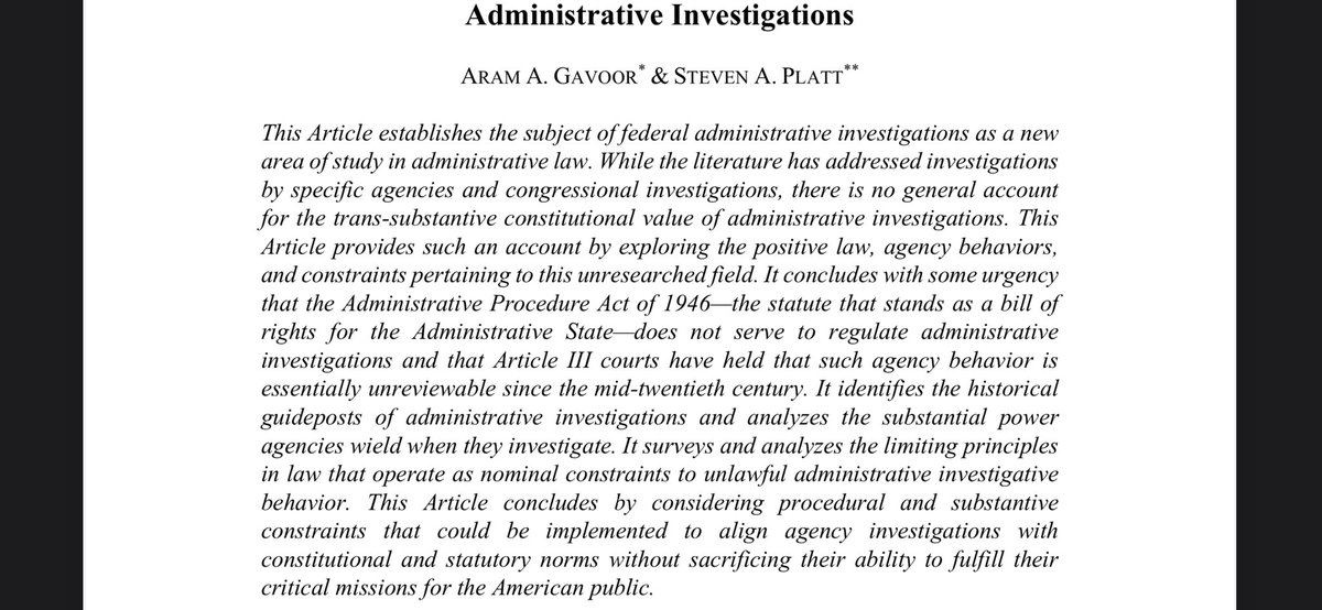 Thank you <a href="/IndianaLJ/">Indiana Law Journal</a> for publishing my and <a href="/PlattStevenA/">Steve Platt</a>’s article, Administrative Investigations.  We designed this work to provide the scholarly foundation for one of the most important, yet under-researched areas in administrative law. papers.ssrn.com/sol3/papers.cf…