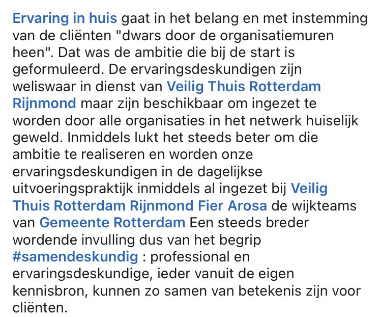 Werken met ervaringsdeskundigen huiselijk geweld en kindermishandeling, die in het belang en met instemming van cliënten “dwars door de organisatiemuren heen gaan” #ervaringinhuis <a href="/VeiligThuisRdam/">Veilig Thuis Rotterdam Rijnmond</a>