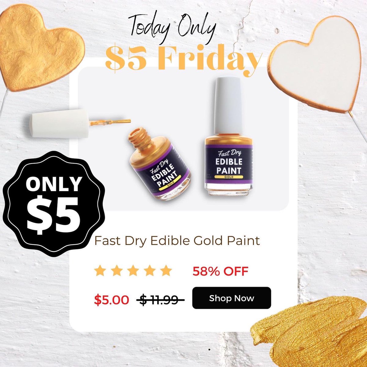Caljava's tweet photo. $5 FRIDAY! EDIBLE GOLD PAINT 58% OFF! $5/ea TODAY ONLY!  https://t.co/WRX43JG3eW https://t.co/0zPPgi00dw