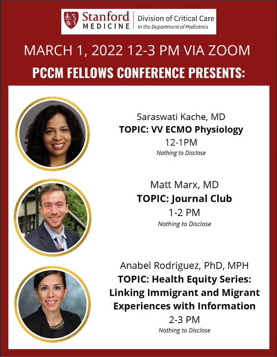 We hope you can join the upcoming PCCM Fellows Conference on Tuesday, March 1st from 12-3 PM. Looking forward to insightful presentations by Drs. Kache, Marx &amp; Rodriguez.

#stanfordpccm #stanford #fellowship
