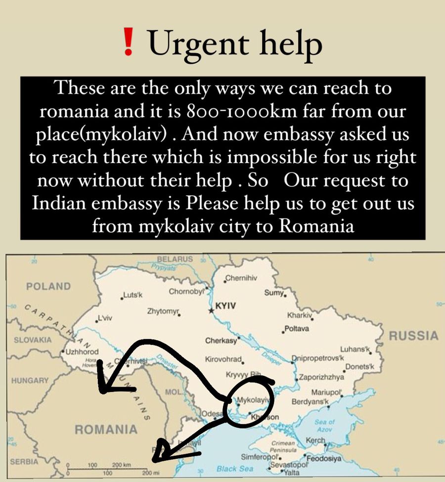 HetalPatil5's tweet photo. WE NEED YOUR HELP!!!!
We need your help to arrange transportation to go to the border which are open for Indian nationals. 
Appeal to #indiangovt #evacuateindianstudentsfromukraine
@IndiainUkraine 
@narendramodi 
@MEAIndia 
@timesofindia 
@ndtv 
@aajtak https://t.co/XSlwnuoSkO
