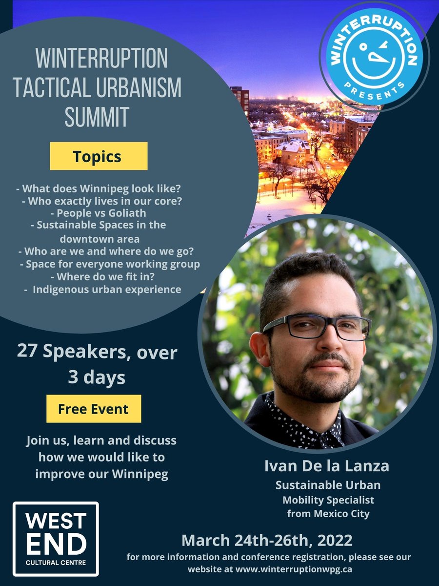 WNTRPTN_wpg's tweet photo. Winterruption and @thewecc are excited to share this free event Tactical Urbanism Summit March 24-26th.
We have 26 amazing speakers discussing how we can improve our downtown
Everyone is welcome but please register at https://t.co/anauMMyM0U
#conference #winterruptionwpg https://t.co/OuLf7Zh3m0