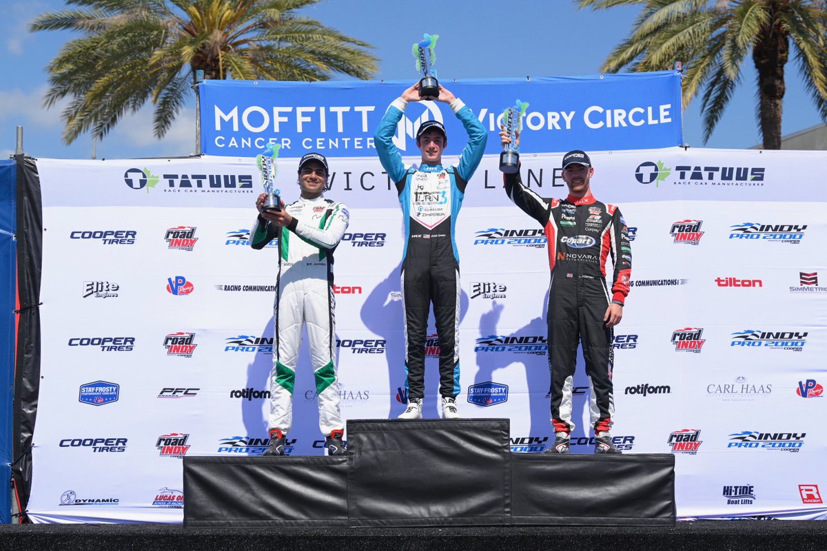 Your Round 1 Indy Pro 2000 podium!🏆🍾

🥇: <a href="/joshgoesracing/">Josh Green</a> 
🥈: <a href="/Enaammotorsport/">Enaam Ahmed</a> 
🥉: @17LouisFoster 

#RoadToIndy | #TeamCooperTire | #GPSTPETE
