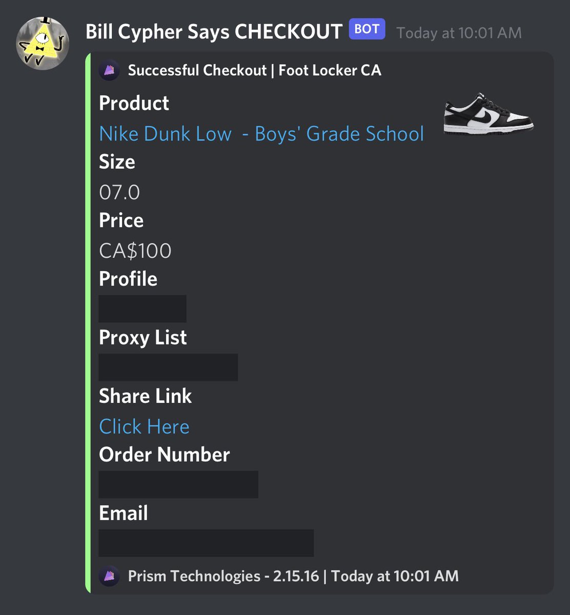 Quick stimmy ✅

Group - <a href="/AMNotifyCA/">AMNotify Canada</a> 🇨🇦
Bot - <a href="/PrismAIO/">Prism</a> 🤖
Proxy - <a href="/LiveProxies/">Live Proxies</a> ⚡️
Server - <a href="/Sauceservers/">Sauce Servers</a> 🍝

Thanks mates ❤️