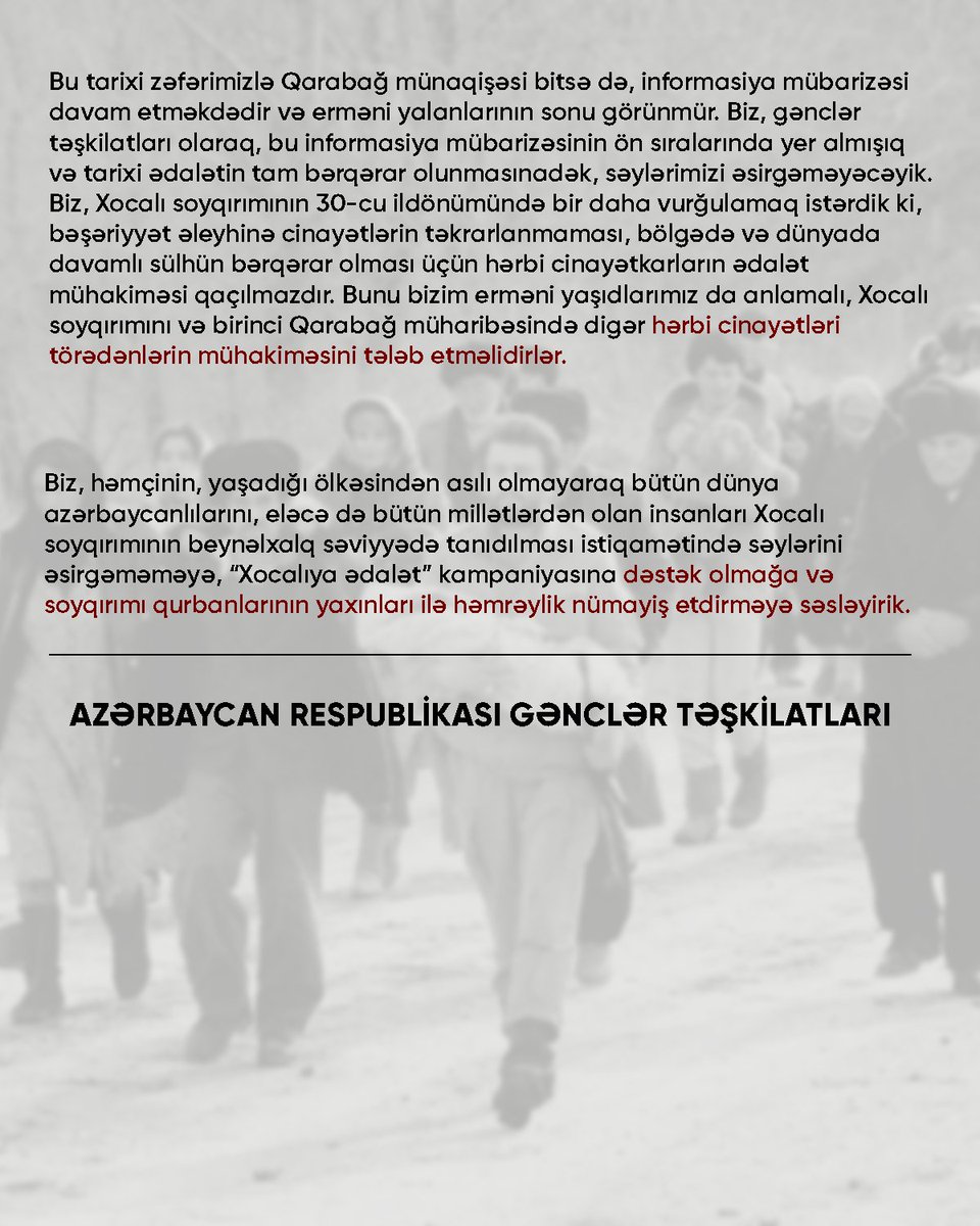 Xocalı Soyqırımının 30-cu il dönümü ilə əlaqədar gənclər təşkilatları dünya ictimaiyyətinə, nüfuzlu beynəlxalq təşkilatlara və tərəfdaş qurumlara bəyanat ünvanlayıb.

#Khojaly #KhojalyGenocide #Khojaly30