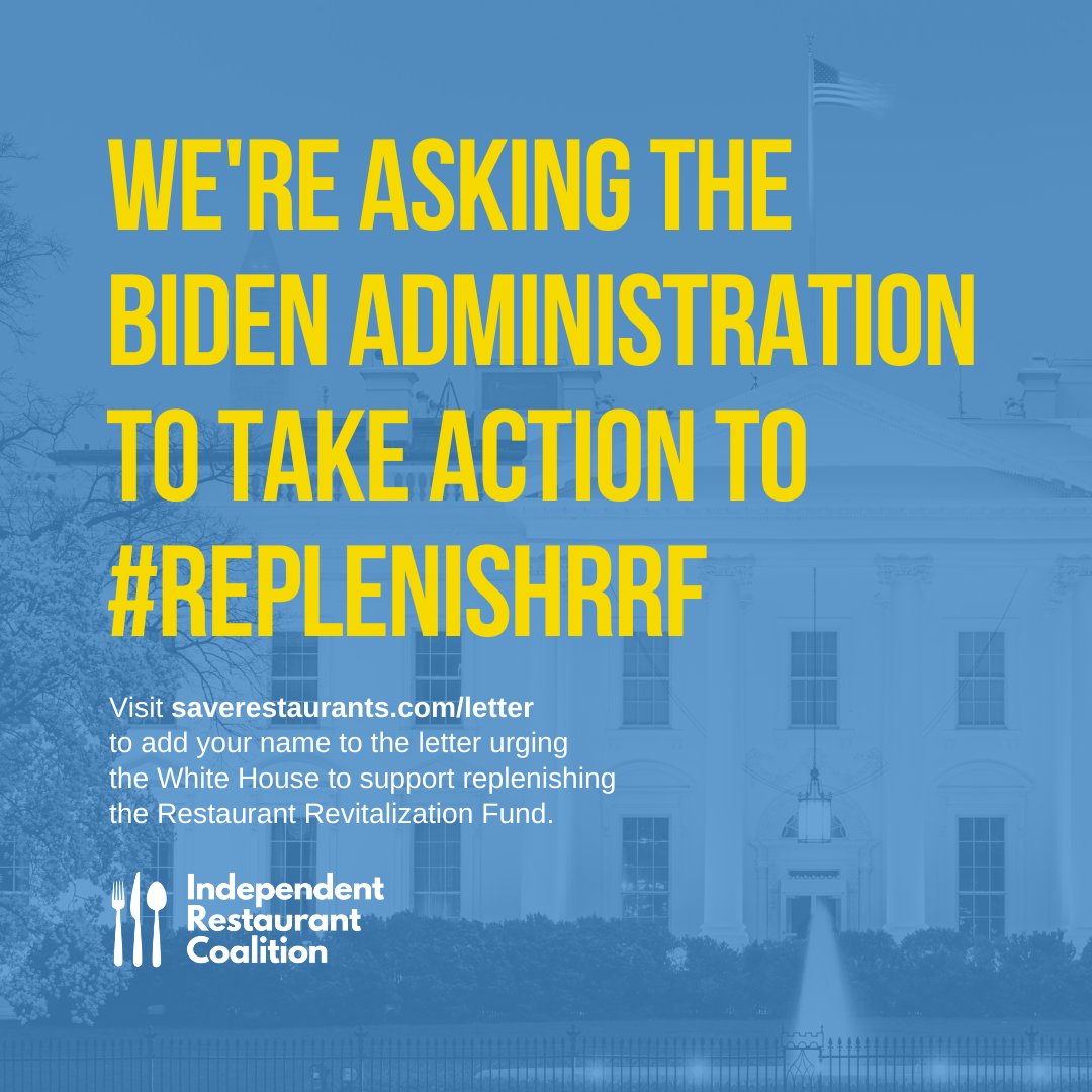 60 seconds.

That’s how long it takes to sign our open letter urging the White House to make restaurant relief a top priority. Let’s send a message to <a href="/POTUS/">President Donald J. Trump</a> that we need to #ReplenishRRF and #SaveRestaurants.