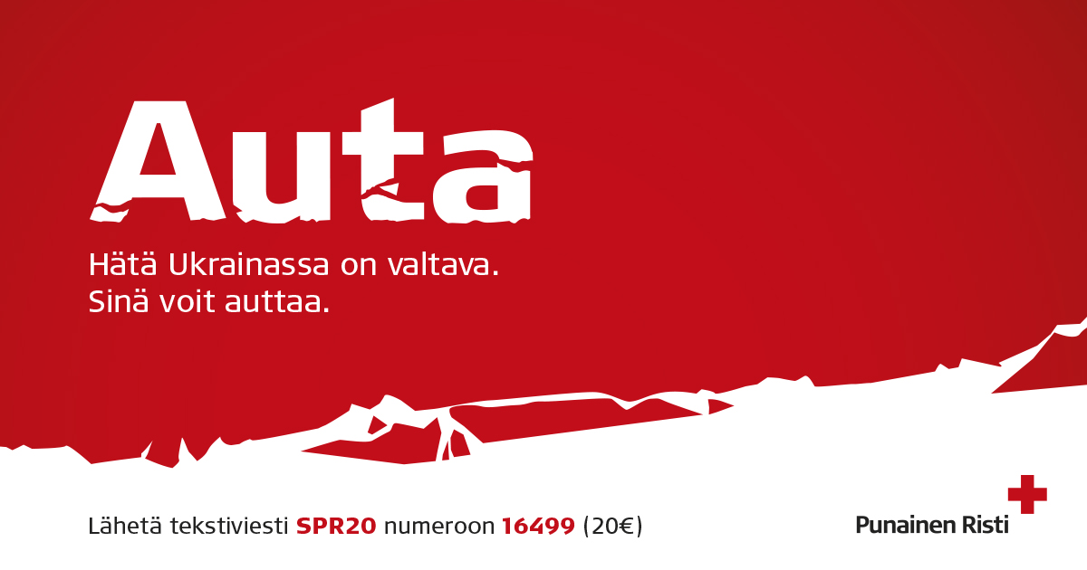 Kiitos, jos jaat tämän. Punainen Risti auttaa ukrainalaisia toimittamalla vettä, ruokaa, suojaa ja terveyspalveluita.

Voit lahjoittaa:
✅ Lähetä tekstiviesti SPR20 numeroon 16499 (20 €)
✅ MobilePayllä numeroon 10900
✅ Soita numeroon 0600 12220 (20,28 € + pvm/mpm)

Kiitos ❤️