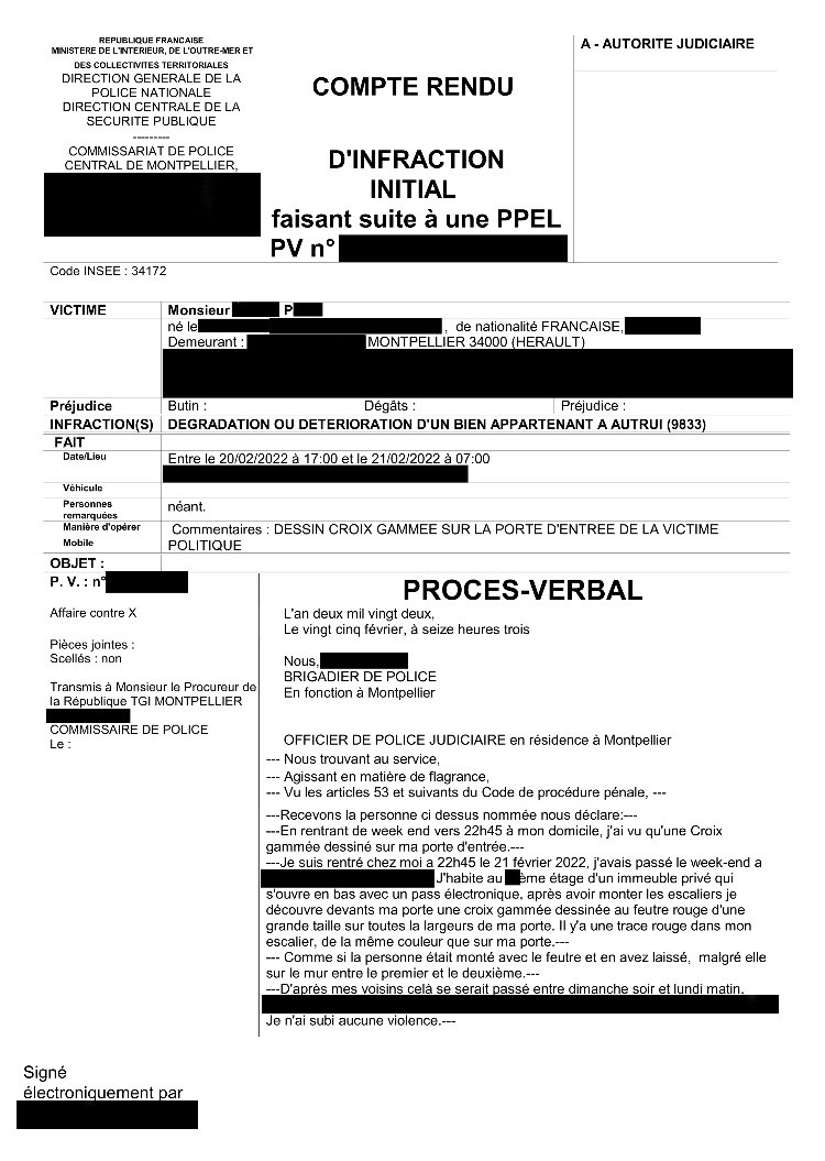 PabloBejar4's tweet photo. En début de semaine, j'ai retrouvé la porte de mon domicile tagguée d'une croix gammée.
J'ai décidé de porter plainte pour dégradation et menace.
Les violences de l'extrême-droite se multiplient partout en France, les pouvoirs publics doivent agir ! https://t.co/viC9PCnKYt