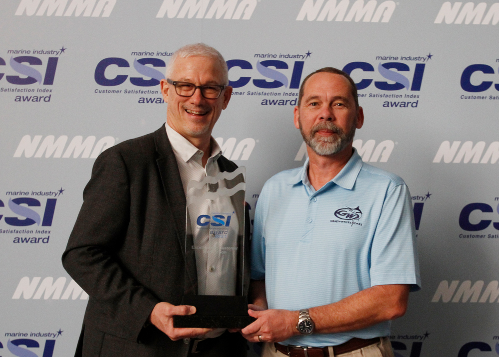 For the 20th consecutive year, Grady-White Boats was recognized by the National Marine Manufacturers Association (NMMA) with the presentation of their 2021 Marine Industry Customer Satisfaction Index (CSI) Award in the fiberglass outboard boat division.