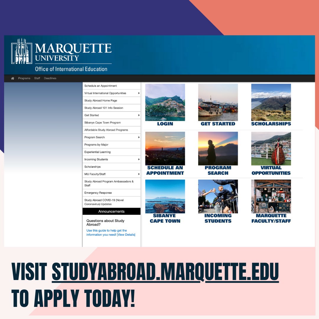 📆DEADLINE REMINDER 
Summer &amp; Fall 2022 Study Abroad Program Applications due soon!
Application Deadline: TUESDAY, MARCH 1! 
•
•
• 
APPLY NOW!
More information at:
studyabroad.marquette.edu