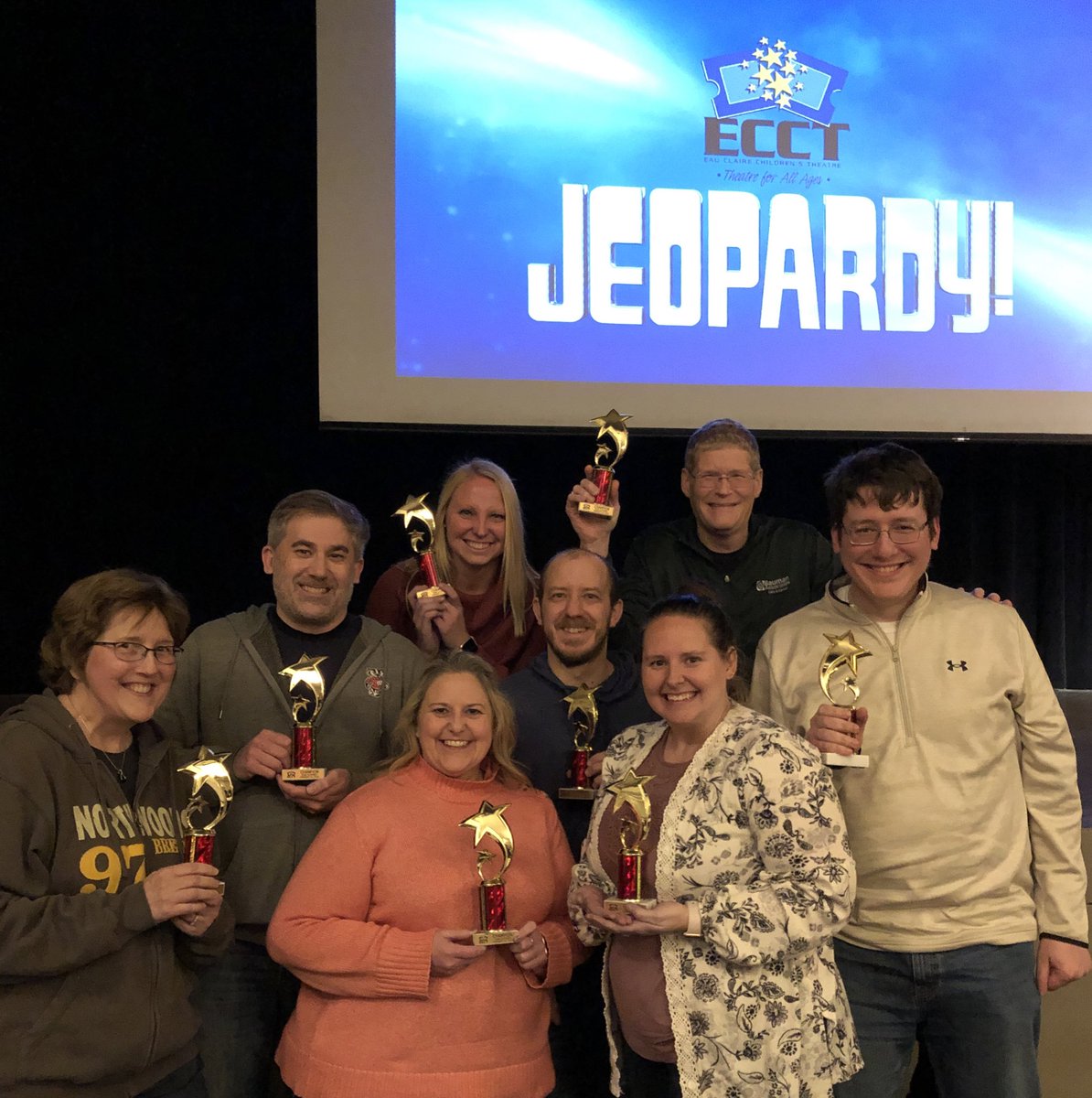 TheatreECCT's tweet photo. Congratulations to the Bauman Brainiacs, winners of the 2022 Team Jeopardy! Trivia Challenge! #ECCT33 #FUNdraiser #SeeYouNextYear https://t.co/yWMONkKbSK