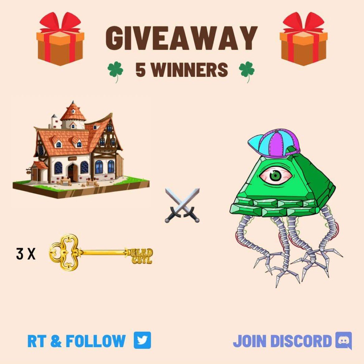 <a href="/NewDegenOrder/">New Degen Order</a> ⚔️ @ElrondCastle 

Common Tavern + 3 keys +Random Pyramid 👀

5 winners will be picked randomly ⚔️

1️⃣ - Like &amp; Follow @ElrondCastle &amp; <a href="/NewDegenOrder/">New Degen Order</a> 
2️⃣ - RT 
3️⃣ - Join both discord : 
discord.gg/WhgggubAgp
discord.gg/fe7Vnu7wQG

❗️End 27 Feb. 2022 - 6pm UTC❗️