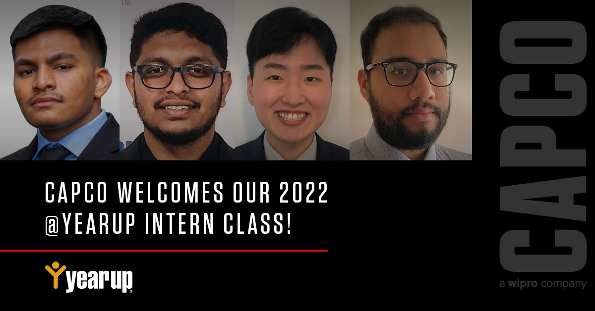 Capco's tweet photo. Capco welcomes our 2022 @YearUp Intern Class: Tushar Shorma, Caden Hong, Shariful Islam, and Jeffery Diaz Vega!
https://t.co/1Rc7S1Fohb
#YearUp #DiversityandInclusion #BeYourselfAtWork https://t.co/8nxA8bmQ6E