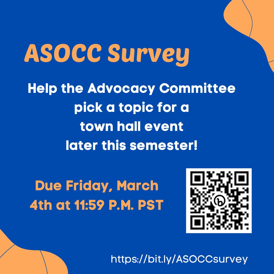 SGOCC's tweet photo. Hey, Pirates! The ASOCC Advocacy Committee  is planning a hybrid town hall at the end of March for students. Do this survey by Friday, March 4th and let us know what topics you want us to cover. https://t.co/B2kkNoT2Li https://t.co/fNxTPWwzYA