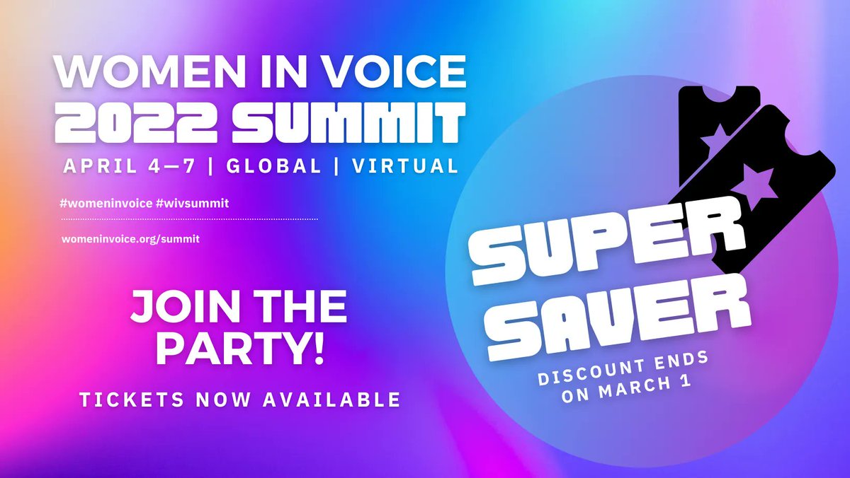 WomenInVoice's tweet photo. 👀 Only 3 Days Left to save $100! 

Join the Party! It’s going to be a blast 🤩
- Keynote Speakers 
- Virtual Tables
- Social Networking
- LIVE AMA’s 
- Photo Booth
- &amp; MORE!

Discount ends on March 1st.
Women in Voice Summit 2022: https://t.co/FsTa1eZ9jn

#wivsummit #voice https://t.co/hpQvMOGWBd
