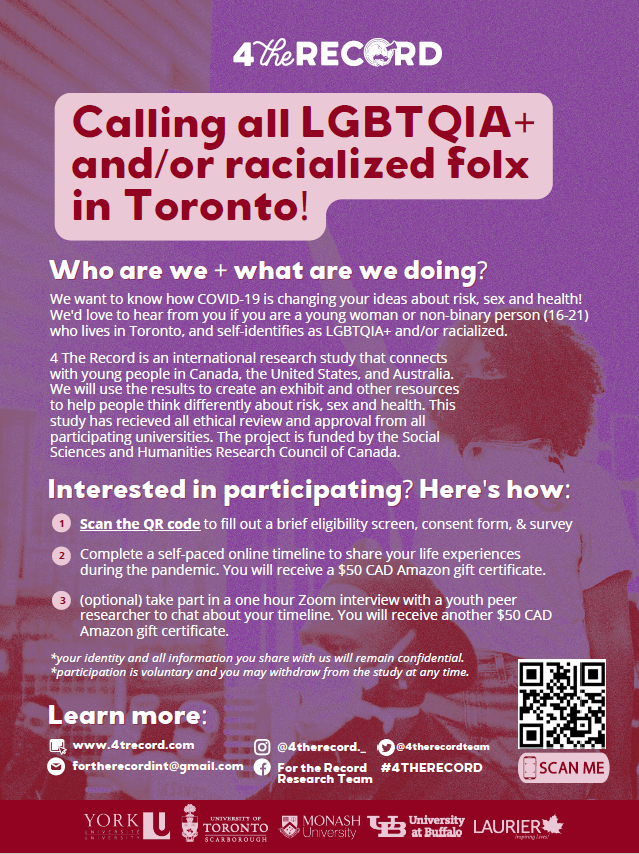 📣@4TheRecordTeam is facilitating a study on how COVID-19 is changing ideas of risk, sex, and health for women and gender diverse individuals in the City. 👉🏾Consider participating and completing the survey.
#youth #recruitment
redcap.utoronto.ca/surveys/?s=XPD…