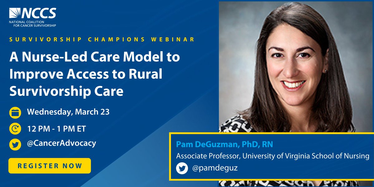 Join NCCS on Wednesday, March 23, at 12 PM ET, to hear from <a href="/PamDeGuz/">Pam DeGuzman</a>, who will discuss the development and evaluation of CARING, a nurse-led intervention aimed at reducing disparities in quality of life for rural cancer survivors.

Register today: us02web.zoom.us/webinar/regist…