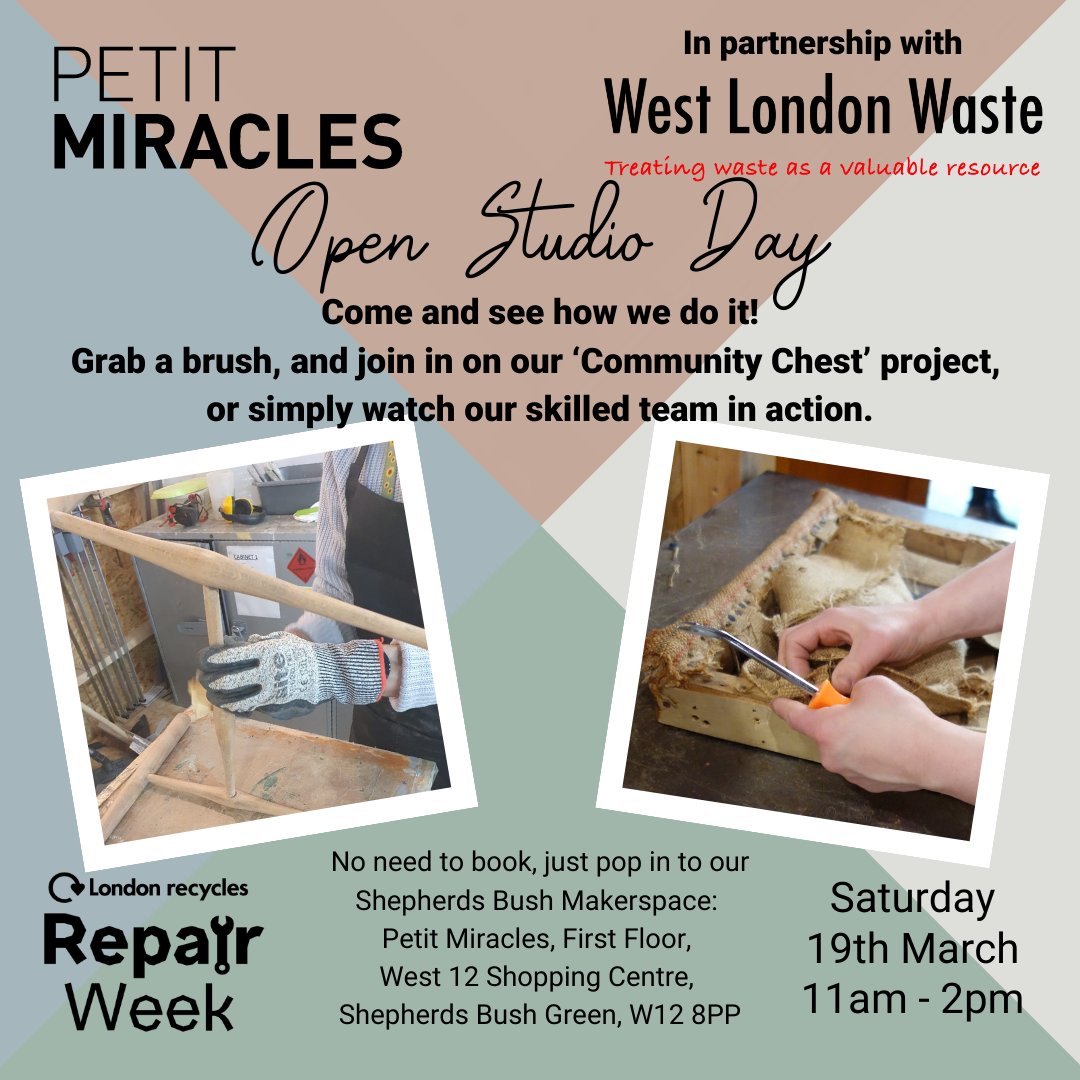 We're opening the doors to our Makerspace on Saturday 19th March, so come down and join in with our 'Community Chest' Project for @LondonRecycles Repair Week 2022! 
In Partnership with @WestLondonWaste 
#ReduceReuseRecyle #RepairWeek  #LondonRepairWeek2022