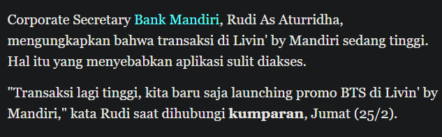 anaidMev's tweet photo. @askmearmything @BigAlphaID Aku army juga kak...
Kalo kakak udah baca artikelnya di Kumparan itu pasti paham, kalo yg ngmong gitu itu Corporate Secretary nya bank Mandiri langsung lho. https://t.co/tq3LPe6Nwv