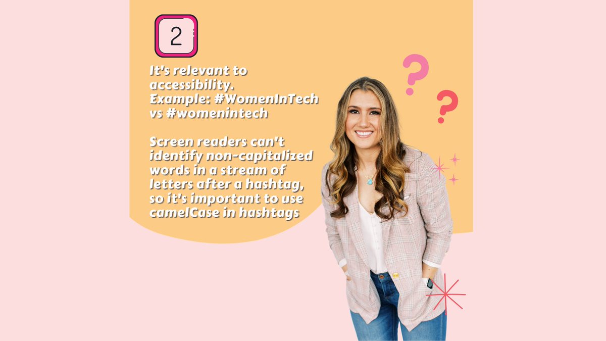 ashleycoffey_'s tweet photo. Do you know about using CamelCase to make your hashtags accessible? 🐫 Using 'CamelCase' for hashtags- #ABitLikeThis, means screenreaders used by people who are blind or visually impaired will hear the words individually rather than as a long, incoherent word. #a11y #CamelCase https://t.co/IuvJFFYofi