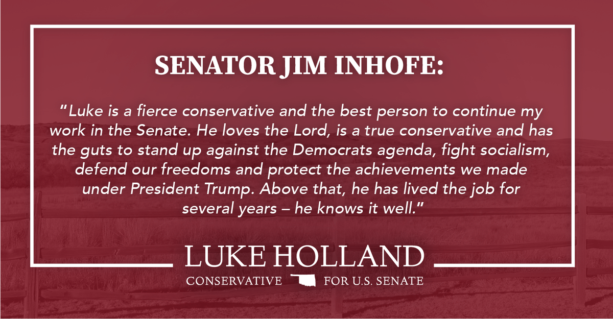 LukeHollandOK's tweet photo. The people of Oklahoma owe a debt of gratitude to Senator Inhofe for his lifetime of service to Oklahoma families and protecting American freedoms. I’m honored to have his endorsement! https://t.co/xvecrN7iK9