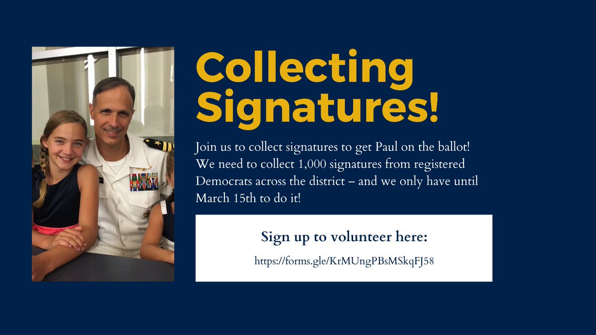 Join us to collect signatures to get Paul on the ballot! We need to collect 1,000 signatures from registered Democrats across the district – and we only have until March 15th to do it! Sign up to volunteer here: forms.gle/KrMUngPBsMSkqF…