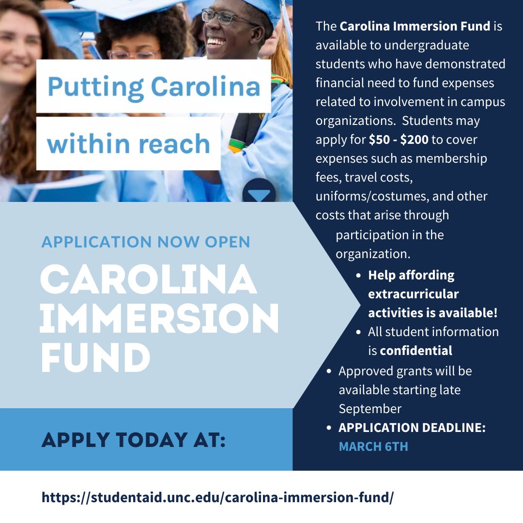 The Carolina Immersion Fund is back for the spring! Help affording expenses for campus organizations and extracurricular involvements is available to undergraduate students! 
Applications are now open again until March 6.