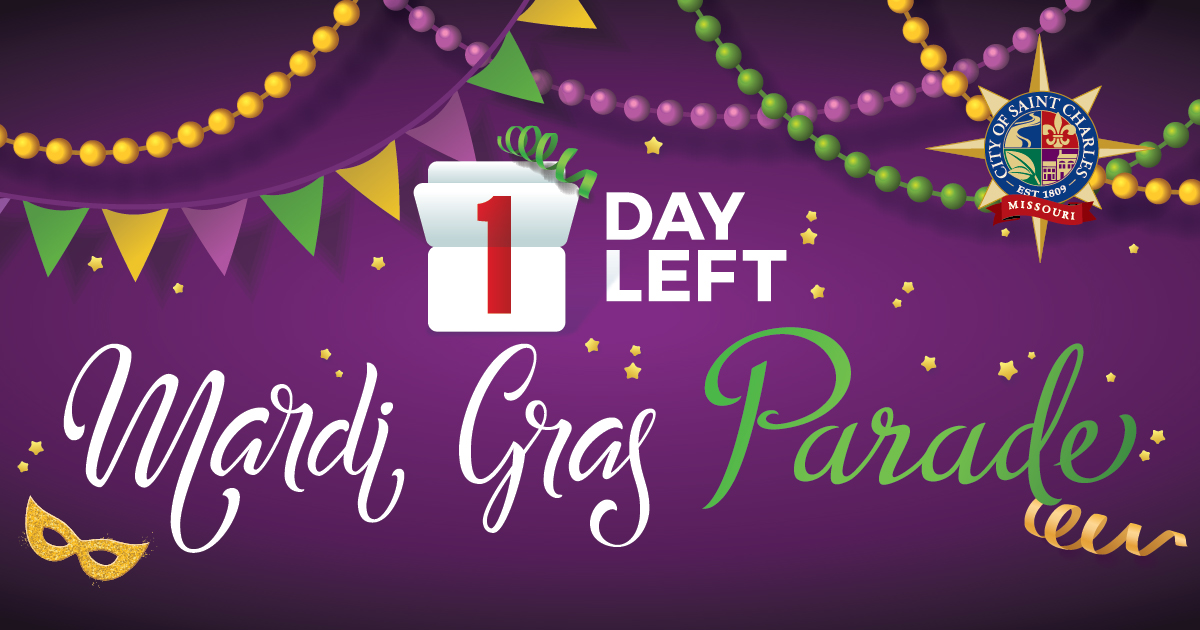 ONE MORE DAY! 💚💜💛 This year, we're bringing Mardi Gras to #StCharlesCity. Join us tomorrow for the FIRST annual Mardi Gras Parade! 

Location: Frenchtown (N Second Street) near Eco Park
Date: Saturday, February 26th
Time: 11:00am 

See you tomorrow!