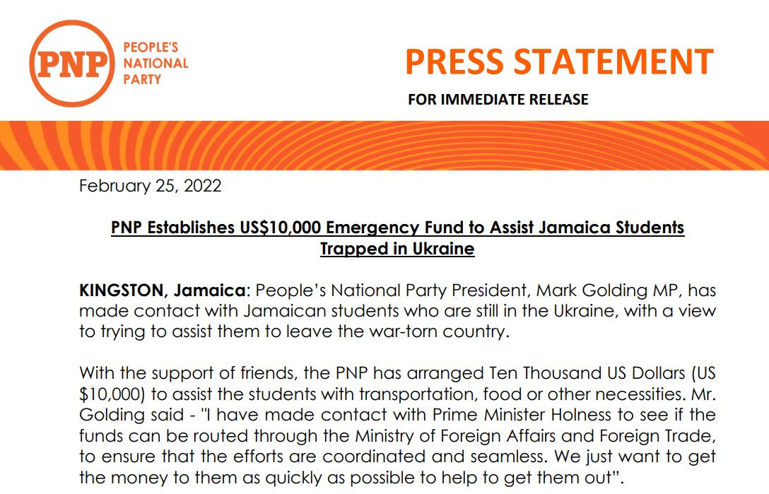 jovanthony's tweet photo. UPDATE: Opposition @JamaicaPNP says it has established a US $10,000 fund to assist the Jamaican students in #Ukraine with transportation, food or other necessities. https://t.co/r8U3kLXEyH
