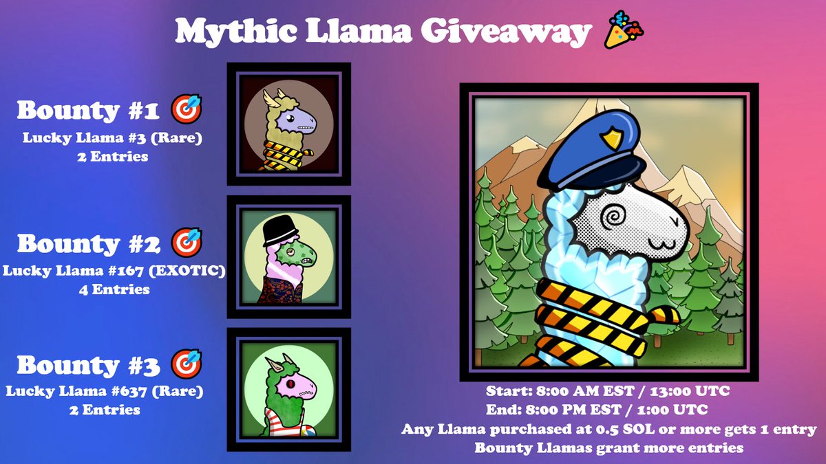 Want a chance to win a Mythic Llama and get 50% of the royalties?

Anyone that buys a Llama for 0.5 SOL or more in the next 7 hours is entered!!

magiceden.io/marketplace/lu…