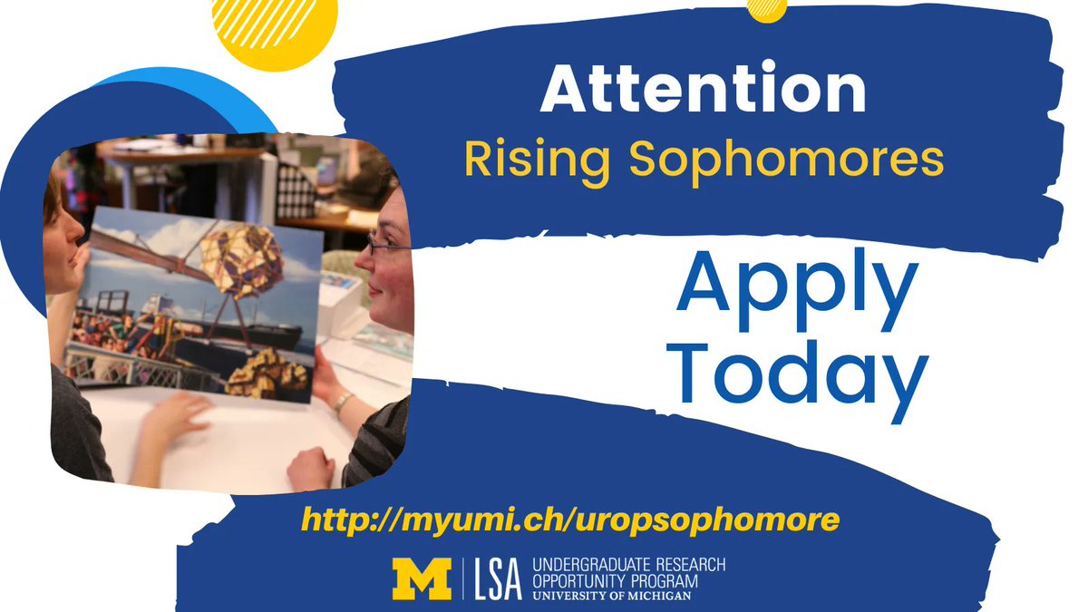 UROPumich's tweet photo. The UROP 2022-2023 Rising Sophomore application deadline is March 7th. This is an undergraduate research opportunity of a lifetime. Students from any U-M school or college may apply at: https://t.co/KbrzU3MfCH
#Michigan #Sophomore #Undergrad #research #GoBlue #LimitlessImpact https://t.co/EXJwJ6GCN4