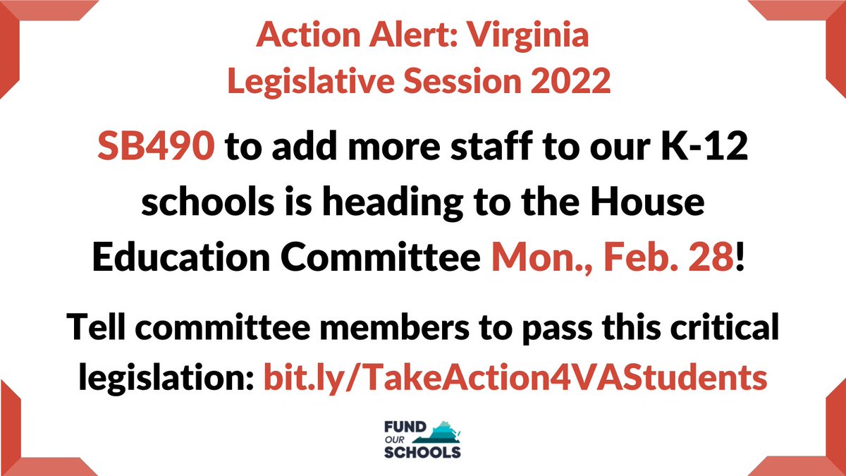 While SB490 has been significantly amended so it no longer fully funds the revised SOQs, the amended version is still critical to adding essential support to our students & teachers and will be heard 2/28 in the House Ed Committee! Take action: bit.ly/TakeAction4VAS…