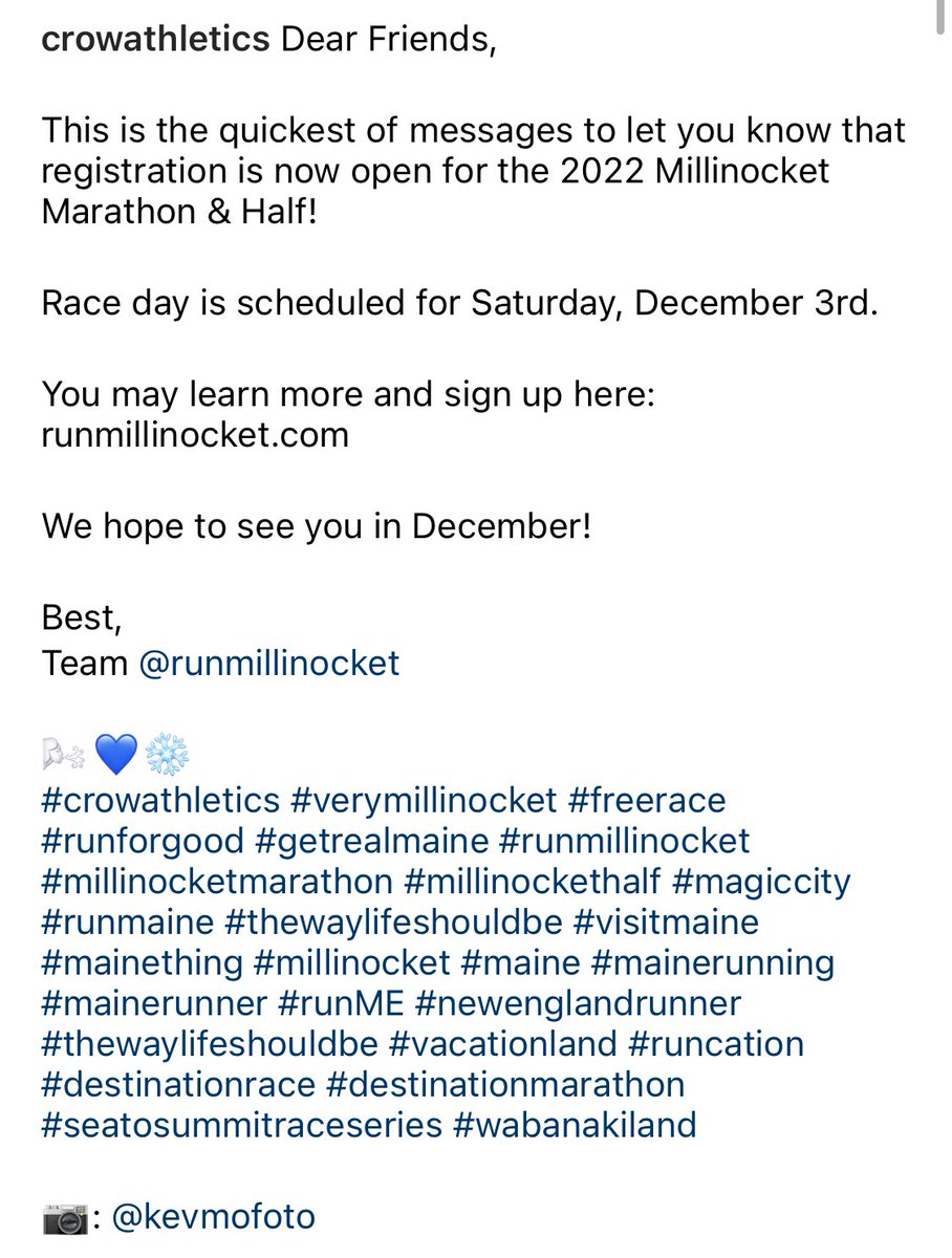 CrowAthletics's tweet photo. Reg is now open for #RunMillinocket 2022!
Race day is scheduled for Saturday, December 3rd.
You may learn more and sign up here: https://t.co/OejAOIAqSn https://t.co/A8PBvxFBth