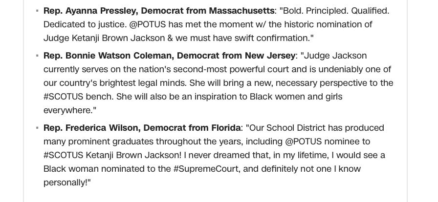 evamckend's tweet photo. Here is how Black Congresswomen are reacting to Ketanji Brown Jackson's historic nomination
ππΎ
#SCOTUS
#KetanjiBrownJackson
#SupremeCourt
#SCOTUSpick
@RepCori
@AyannaPressley
@RepBeatty
@RepBonnie
@RepWilson
https://t.co/qyFuUORtuF https://t.co/3gMrAu79kV