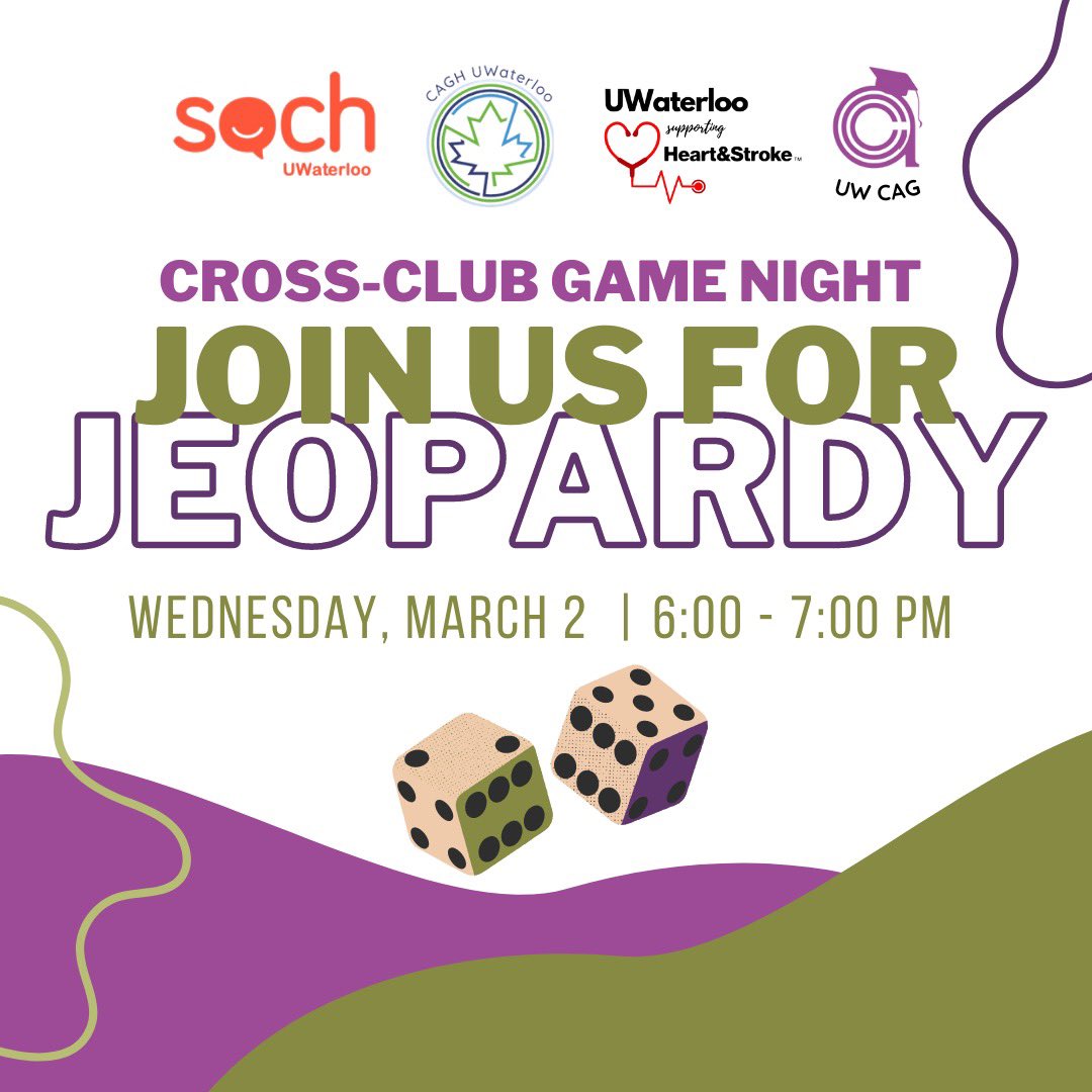 UW CAGH will be hosting a
Jeopardy Game Night! In collaboration with SOCH UW, <a href="/uwcag/">UW CAG</a>, and Heart and Stroke UW.  

Who: All Waterloo students are welcome!
When: Wednesday March 2nd at 6:00pm EST
Where: Fill out the registration link in our bio to receive the MS Teams invite!