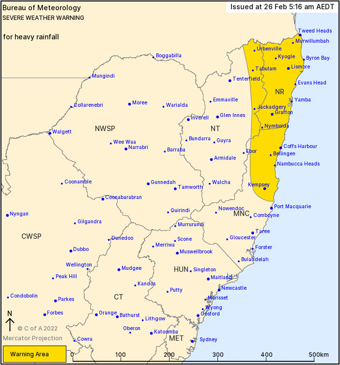 BOM_NSW's tweet photo. ⚠️Severe Weather Warning issued: HEAVY RAINFALL which may lead to flash flooding is forecast to develop over parts of northeast NSW during Sunday morning or afternoon. Six-hourly rainfall totals of 80-110 mm likely, reaching up to 150 mm over coastal areas and ranges. https://t.co/KdFraK7MlY