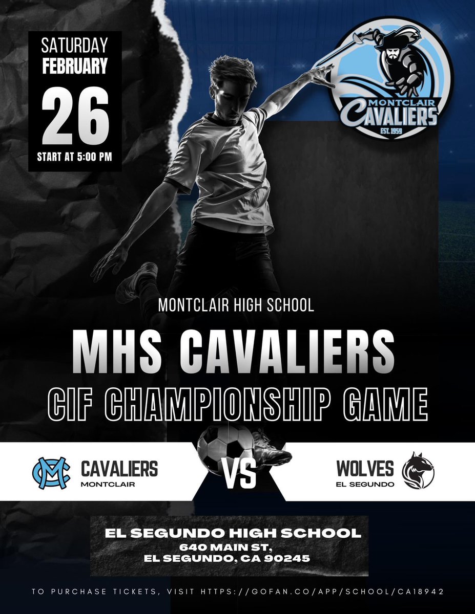 CityofMontclair's tweet image. Congratulations, Montclair High School (MHS) Boys Varsity Soccer Team, on advancing to the CIF-Southern Section Division 4 Soccer Championship Game! ⚽️🥅

👉🏾 To purchase your tickets, visit gofan.co/app/school/CA1….

GO CAVS GO!!! 💙🤍🖤
•
•
•
#MyMontclair #MOHI #Cavaliers