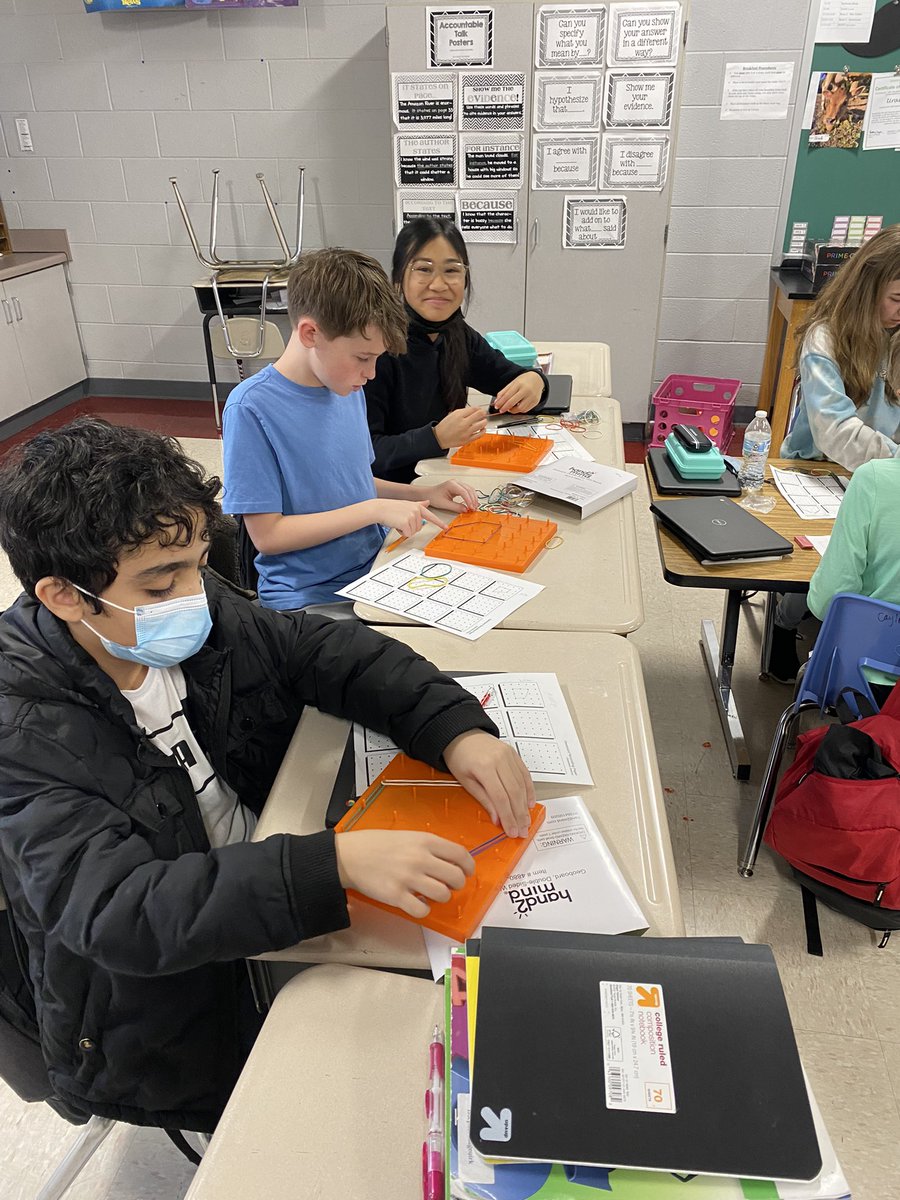 CLAchargers's tweet photo. Shout out to @CindyCliche1 &amp; Dr. Winters for their math manipulative PDs. We have some engaged 5th graders diving into 2-D shape attributes with their new geoboards. #caringLEARNINGachieving https://t.co/DC466Qi1m6