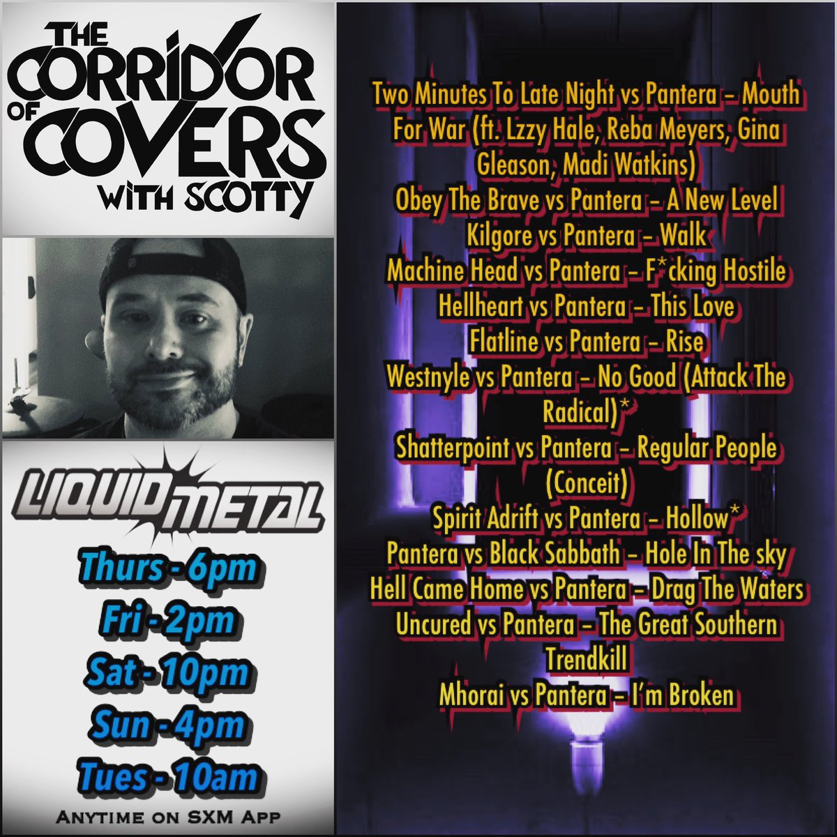 #corridorofcovers w/ #Scotty on #sxmliquidmetal .. 30 yrs of @panteraofficial #vulgardisplayofpower + 2 Premieres* from @westnyle_metal and @spiritadrift .. #getchapull 🤘🖤🤘
#metal #heavymetal #metalcovers #coversong #dimebagdarrell #vinniepaul #philanselmo #rexbrown #pantera