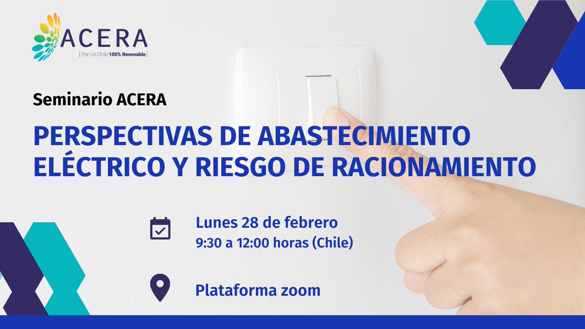 RedRenovable's tweet photo. Te invitamos al seminario "Perspectivas de abastecimiento eléctrico y riesgo de racionamiento", organizado por @ACERAAG , integrante de la #RedREN. 

✅Fecha: 28 de febrero - 9:30 horas (Chile)
👉🏻Inscríbete en: https://t.co/goqPFod9qC https://t.co/KmZzB0nQ9T