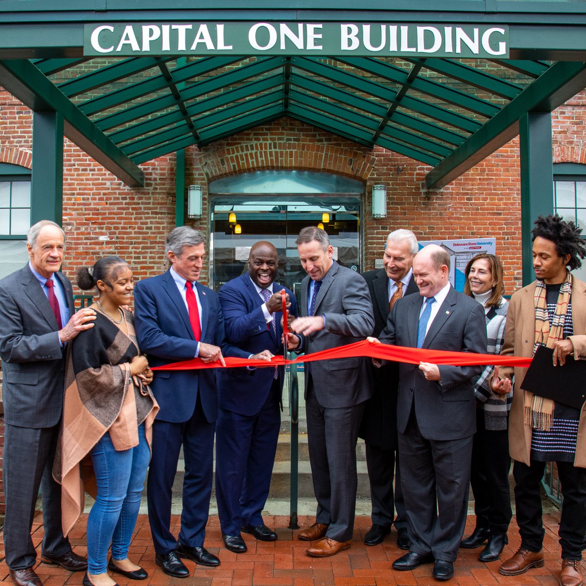 capitalonenews's tweet photo. .@DelStateUniv recently unveiled the Capital One Building at the Delaware State University Riverfront. The DE Congressional Delegation and Capital One executives highlighted the importance of public/private partnerships to bolster HBCUs.